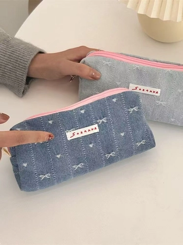 Astuccio Per Matite In Denim Con Fodera In Tela Ricamo A Fiocco Pochette Per Cancelleria Portatile Rettangolare Per Studenti