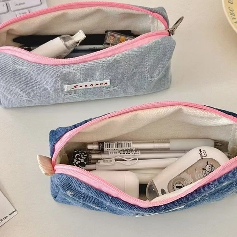 Denim Federmäppchen Süße Schleife Herz Stickerei Polyester Denim Stoff Große Kapazität Koreanischer Ins Stil Mädchen