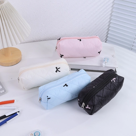 Gewatteerde Etui Grote Capaciteit Strik Decoratie Polyester Briefpapier Organizer Tas Voor School Kantoor Ins Stijl
