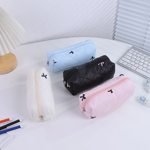 Gewatteerde Etui Grote Capaciteit Strik Decoratie Polyester Briefpapier Organizer Tas Voor School Kantoor Ins Stijl