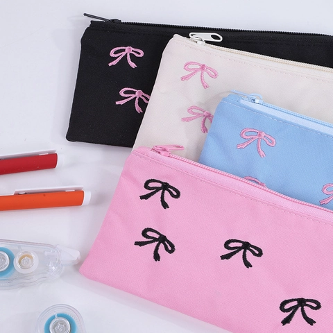 Astuccio con Ricamo a Fiocco French Balletcore in Tela Poliestere Tessuto Chiusura Lampo Borsa di Cancelleria per Scuola Ufficio Ragazze