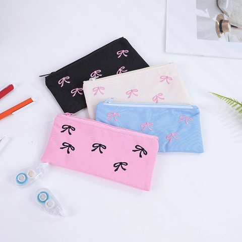 Astuccio con Ricamo a Fiocco French Balletcore in Tela Poliestere Tessuto Chiusura Lampo Borsa di Cancelleria per Scuola Ufficio Ragazze