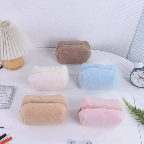 Plush Pencil Case Soft Faux Fur Large Capacity Stationery Bag Minimalist Student Pen Organizer Cosmetic Pouch