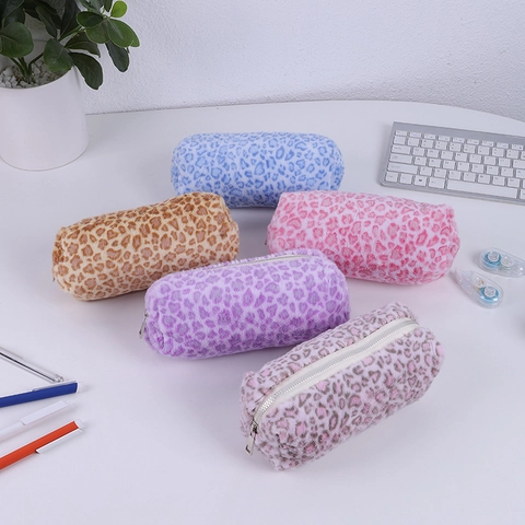 Estuche de Lápices de Felpa con Estampado de Leopardo Estilo Ins Bolsa de Papelería Gran Capacidad Organizador de Maquillaje