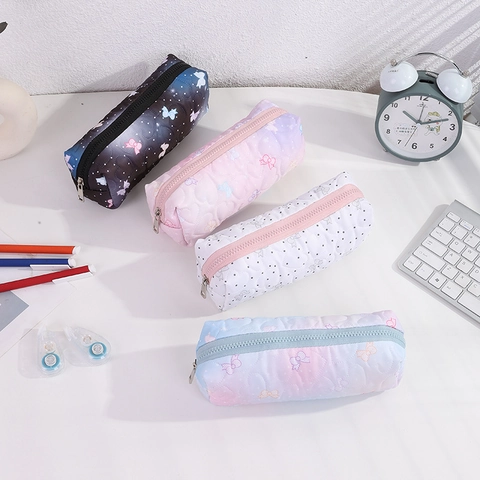 Kawaii Bow Pencil Case Large Capacity Quilted Polyester Stationery Bag Makeup Organizer Pouch For Students Girls Office School