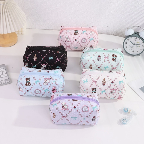 Schattig Cartoon Konijn Beer Print Penningzak Gewatteerde Stof Grote Capaciteit Briefpapier Opbergtas Kawaii Rits Make-Up Tas