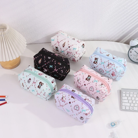 Schattig Cartoon Konijn Beer Print Penningzak Gewatteerde Stof Grote Capaciteit Briefpapier Opbergtas Kawaii Rits Make-Up Tas