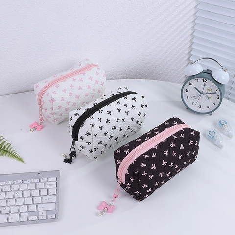 Women Cute Bowknot Quilted Makeup Bag Large Capacity Travel Toiletry Organizer Pencil Case With Pearl Bow Charm