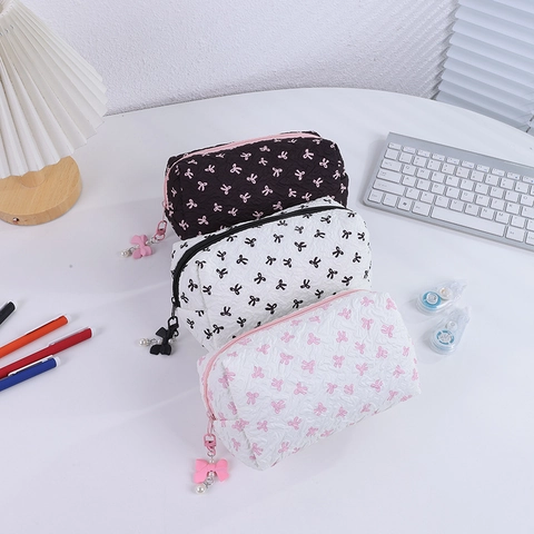 Women Cute Bowknot Quilted Makeup Bag Large Capacity Travel Toiletry Organizer Pencil Case With Pearl Bow Charm