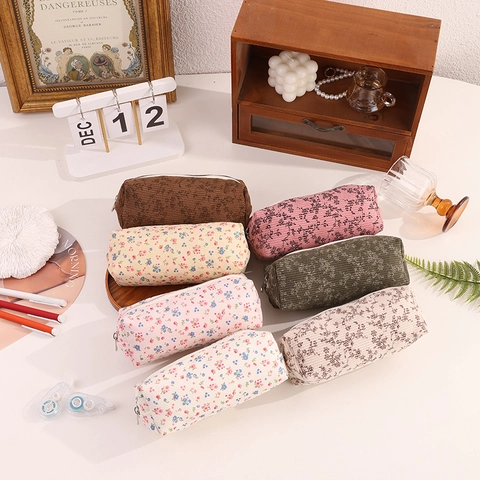 Federmäppchen Cord Blumenmuster Große Kapazität Schreibwarentasche Reißverschluss Organizer Für Schüler Schule Pastoral Stil
