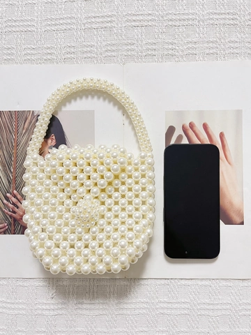 Handmade Artificial Pearl Beaded Handbag For Women Elegant White Faux Artificial Pearl Clutch Evening Bag Floral Decor Vintage Style Party Hand-Woven Purse