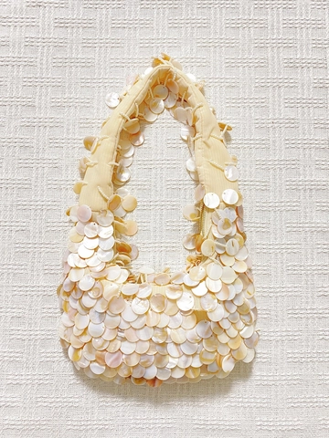 Women Hand-Sewn Shell Beaded Shoulder Bag Bohemian Mother Of Artificial Pearl Sequin Handbag For Vacation Party Wedding Evening Bag