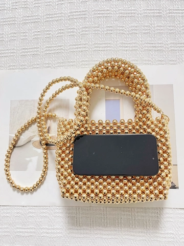 Sac à Main Femme Perles Dorées Acrylique Tissé Sac Bandoulière Carré Mini Tote Bag Élégant Sac de Soirée Avec Longue Bandoulière Amovible