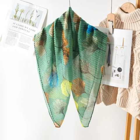 Women Pleated Voile Scarf Ginkgo Leaf Print Artistic Lightweight Sun Protection Beach Shawl Wrap Elegant Breathable Square