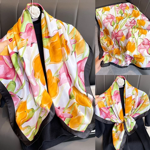 Sciarpa Quadrata In Raso Con Stampa Floreale Elegante Scialle Setoso Foulard Per Testa E Collo Donna Con Bordo Nero