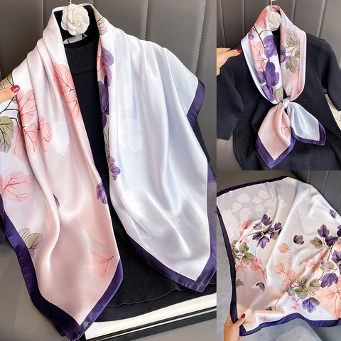 Elegante Pañuelo Cuadrado De Satén Para Mujer Estampado Floral Hojas Moradas Bufanda De Satén De Moda Diaria