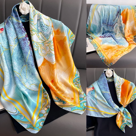 Dames Elegante Bloemenprint Satijn Satijngevoel Grote Vierkante Sjaal Mode Hoofddoek Halssjaal Zonbescherming Sjaal