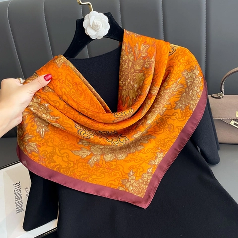 Grande Sciarpa Quadrata Donna Elegante Satin Vintage Stampa Floreale Nuvola Scialle Decorativo Foulard Retrò Accessorio Moda