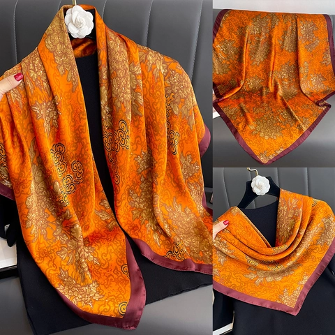 Grande Sciarpa Quadrata Donna Elegante Satin Vintage Stampa Floreale Nuvola Scialle Decorativo Foulard Retrò Accessorio Moda