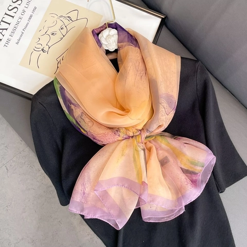 Damen Leichter Polyester Lange Schal Stola Blumendruck Ginkgoblatt Sonnenschutz Übergroßes Strandtuch Elegant