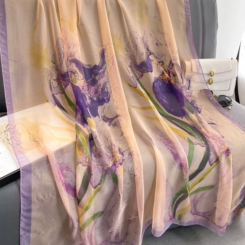 Damen Leichter Polyester Lange Schal Stola Blumendruck Ginkgoblatt Sonnenschutz Übergroßes Strandtuch Elegant