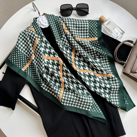 Houndstooth Pattern Square Scarf Polyester Satin Printed Elegant Fashion Shawl For Women Modern Style