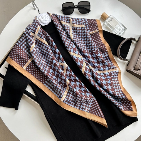 Houndstooth Pattern Square Scarf Polyester Satin Printed Elegant Fashion Shawl For Women Modern Style
