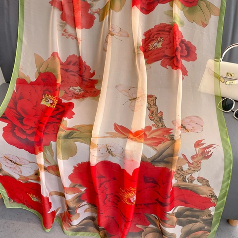 Großer Schal Mit Blumendruck Leichtes Rotes Blumen Schmetterling Muster Eleganter Polyester Chiffon Modisches Tuch