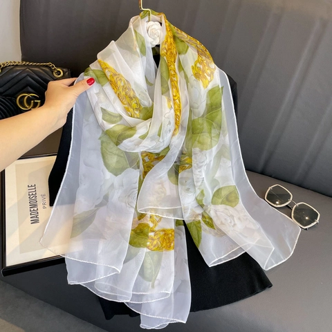 Eleganter Langer Damenschal Polyester Satinngefühl Ginkgoblatt Druck Sonnenschutz Strandtuch Leichter Wickelschal Mode
