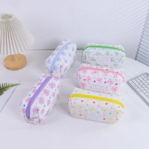 Floral Quilted Pencil Case Large Capacity Stationery Storage Pouch Zipper Cosmetic Makeup Bag For Students Girls