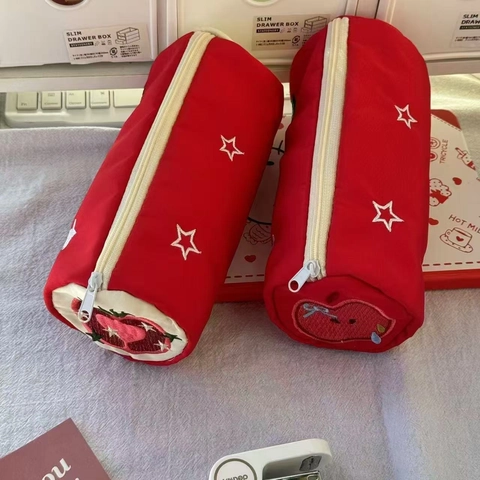 Schattig Etui Polyester Borduurwerk Ster Fruit Appel Tomaat Patroon Briefpapier Opbergtas Cilindrisch Grote Capaciteit