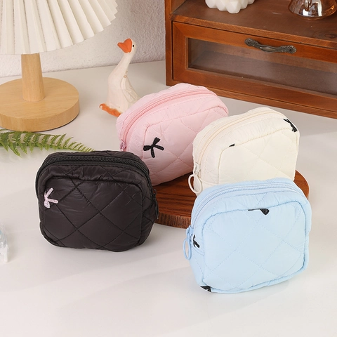 Trousse de Maquillage Matelassée Coréenne Losanges Femme Broderie Nœud Mini Sac de Rangement Polyester Fermeture Éclair Organisateur Cosmétiques
