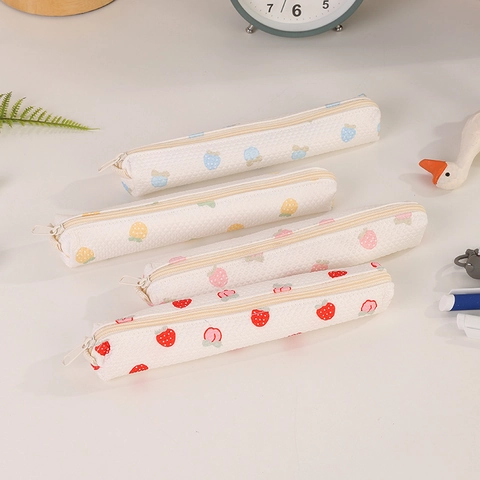 Fruit Print Strawberry Peach Pencil Case Waffle Fabric Stationery Bag Zipper Slim Pen Pouch For Students School Office