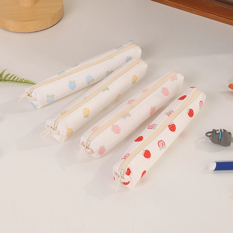 Fruit Print Strawberry Peach Pencil Case Waffle Fabric Stationery Bag Zipper Slim Pen Pouch For Students School Office