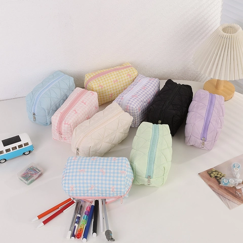 Korean Minimalist Quilted Pencil Case Large Capacity Bow Ribbon Plaid Stationery Bag Cosmetic Storage Pouch For School Office Girls Students