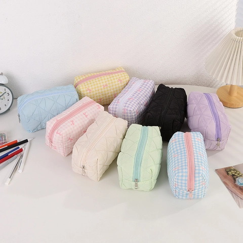 Korean Minimalist Quilted Pencil Case Large Capacity Bow Ribbon Plaid Stationery Bag Cosmetic Storage Pouch For School Office Girls Students