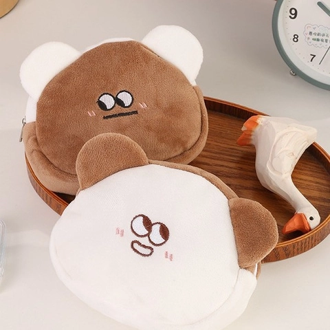 Simpatico Astuccio In Peluche A Forma Di Orso Cartone Animato Portamonete Portatile Ricamo Cerniera Mini Borsa Organizer