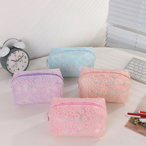 Astuccio Per Matite In Rete Con Ricamo Floreale Borsa Per Cosmetici Custodia Trasparente Con Cerniera Organizzatore Di Cancelleria
