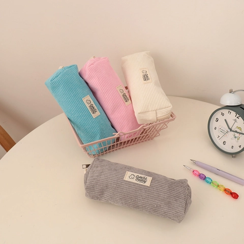 Corduroy Pencil Case Candy Color Zipper Pen Bag For Students Cute Desktop Stationary Storage Organizer