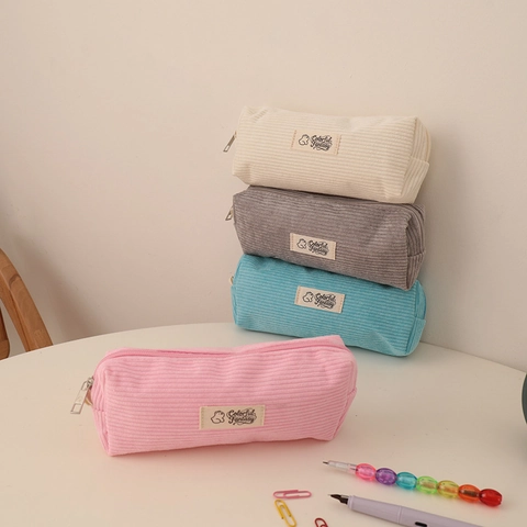 Corduroy Pencil Case Candy Color Zipper Pen Bag For Students Cute Desktop Stationary Storage Organizer