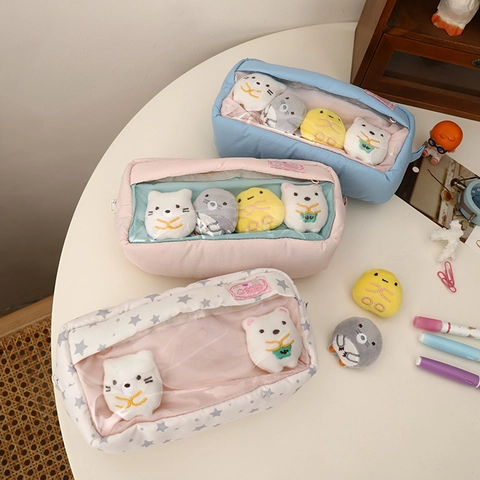 Ins Gewatteerd Transparant Venster Etui Grote Capaciteit Briefpapier Tas En Pluche Poppen Voor Studenten Meisjes Cadeau