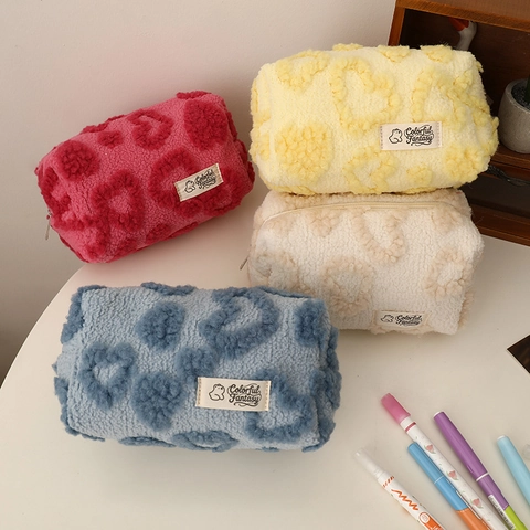 Plush Heart Pattern Cosmetic Bag And Pencil Case Lamb Wool Zipper Storage Pouch Portable Travel Makeup Bag For Students Girls