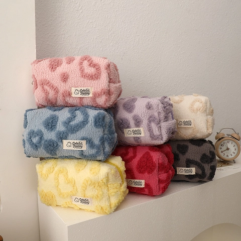 Plush Heart Pattern Cosmetic Bag And Pencil Case Lamb Wool Zipper Storage Pouch Portable Travel Makeup Bag For Students Girls