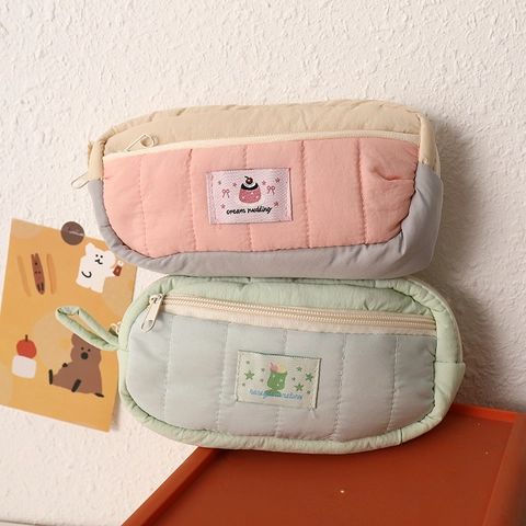 Large Capacity Pencil Case Quilted Polyester Color Block Stationery Pouch Cute Minimalist Zipper Organizer For Students School