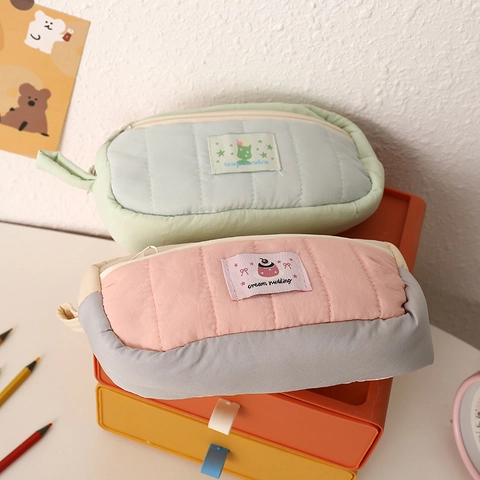 Large Capacity Pencil Case Quilted Polyester Color Block Stationery Pouch Cute Minimalist Zipper Organizer For Students School