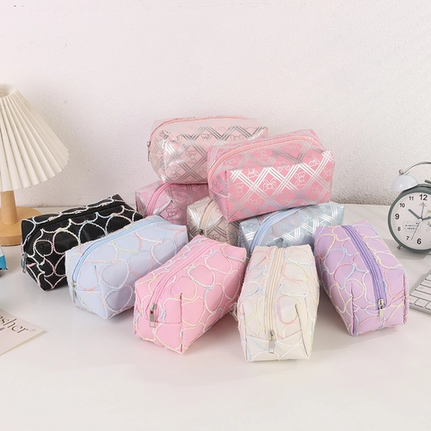 Koreaanse Stijl Hart Strik Gewatteerde Cosmetische Tas Etui Draagbare Polyester Makeup Organizer Reizen Opbergtas Voor Vrouwen