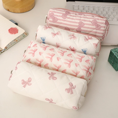 Quilted Polyester Pencil Case Large Capacity Stationery Bag With Cute Floral Cherry Bow Patterns For School Girls