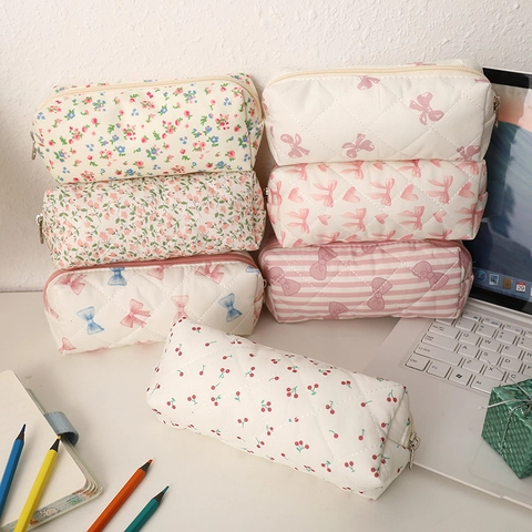 Quilted Polyester Pencil Case Large Capacity Stationery Bag With Cute Floral Cherry Bow Patterns For School Girls