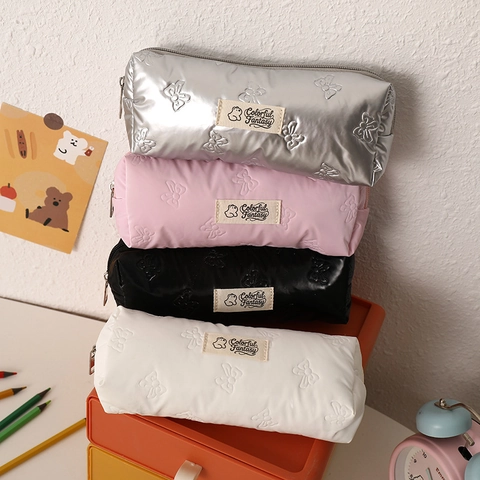 Kawaii Federmäppchen Große Kapazität PU Leder Schleife Geprägt Schmetterling Gesteppt Schreibwarentasche Für Schüler Mädchen