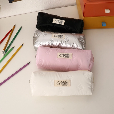 Kawaii Federmäppchen Große Kapazität PU Leder Schleife Geprägt Schmetterling Gesteppt Schreibwarentasche Für Schüler Mädchen